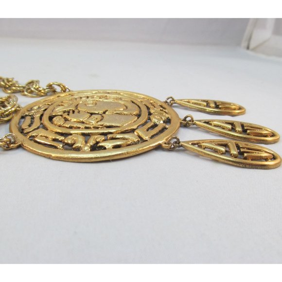 Vintage Signed Tortolani Gold Plated Mayan Design Pendant Necklace - Picture 10 of 12